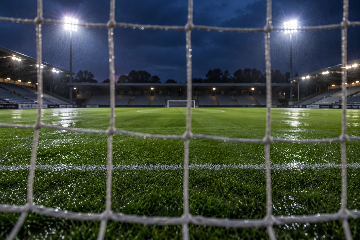 Fotorealistisk AI-genereret temabillede af en regnvåd fodboldbane under projektører. Ikke et foto fra AGF-Viborg.