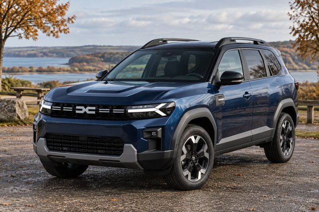 Blå Dacia Bigster ved et rasteområde