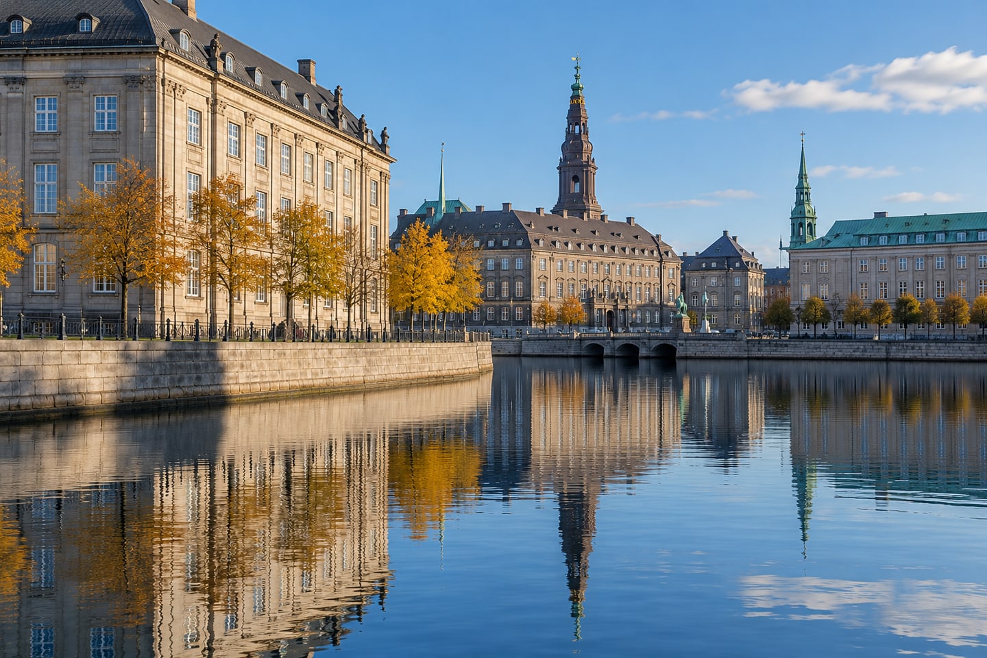 Nordisk offentlig arkitektur ved vandet under en blå himmel. Fotorealistisk AI-genereret temabillede, ikke et dokumentarfoto.