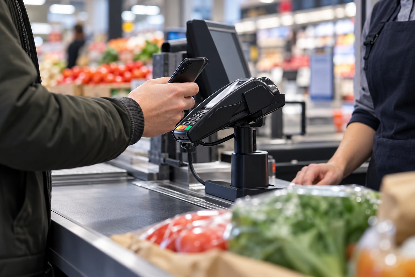 Fotorealistisk AI-genereret temabillede af en telefon ved en butikskasse. Ikke et skærmbillede af MobilePays aldersbevis.